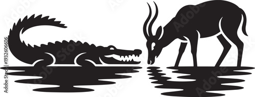 Crocodile and gazelle silhouette encounter at water edge vector illustration wildlife graphic