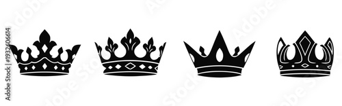 Four different royal crowns in black silhouette on white background