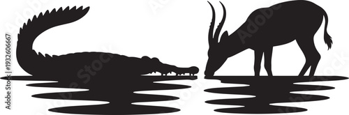 Crocodile and antelope silhouette at river bank side view black vector wildlife design art