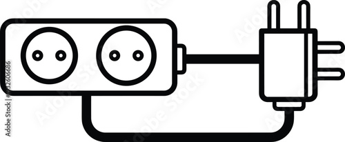 Black and White Outline Illustration of Electrical Power Strip with Two Sockets and a Plug for Energy Connection Electricity Supply and Household Hardware