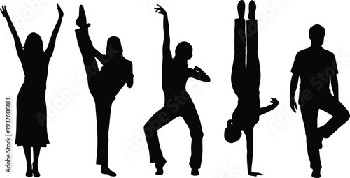 Dynamic silhouettes of people in dance, yoga, and gymnastics poses showcasing balance, flexibility, and expressive movement against a clean white background for fitness, lifestyle, and art concepts.