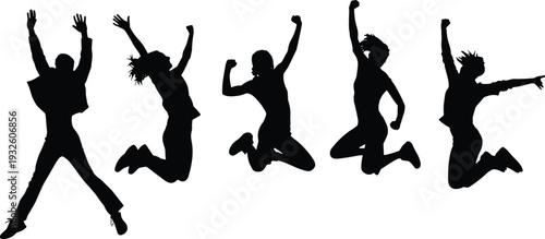 Dynamic group of silhouetted people jumping in expressive poses, celebrating joy, freedom, vitality, teamwork, happiness, and energy against a clean white background for creative design projects.