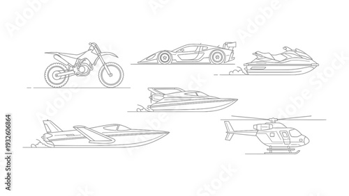 Vehicles of Adventure: A captivating ensemble of diverse vehicles, meticulously illustrated, poised to transport you to thrilling destinations. From the open road to the boundless skies and seas.