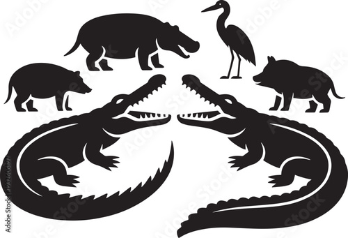 Crocodiles hippo bird boar animals river scene wildlife danger predator illustration