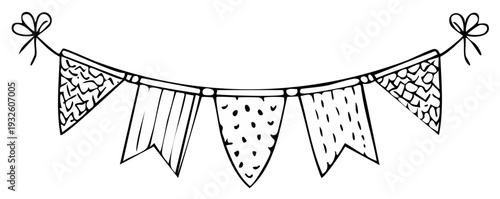 Doodle banner with hanging pennant flags black and white illustration