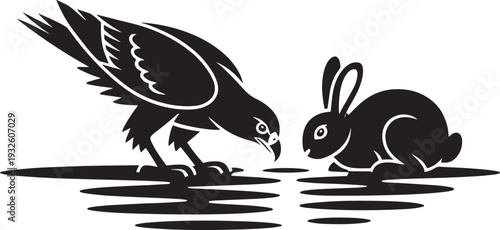 Eagle and rabbit encounter silhouette vector illustration on reflective water surface background