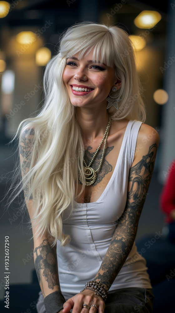 Fototapeta premium A woman with long blonde hair and tattoos sitting on a chair