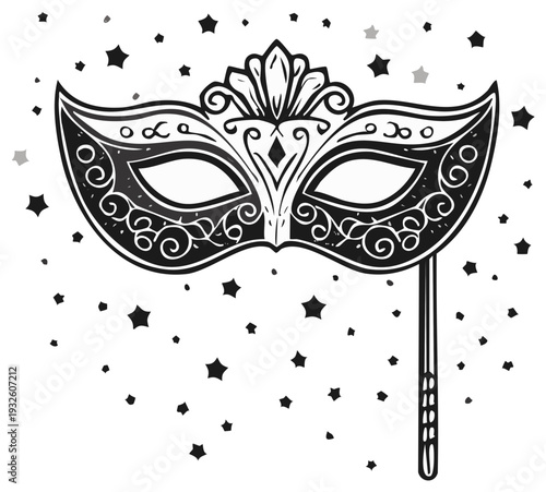 Festive hand-drawn illustration of an ornate Venetian masquerade mask with star confetti