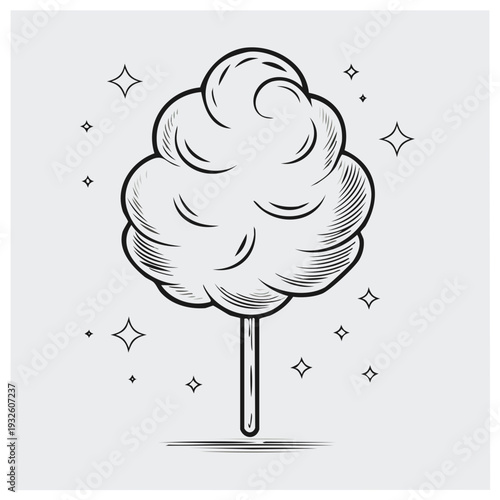 Vintage style illustration of a cotton candy on a stick with stars.