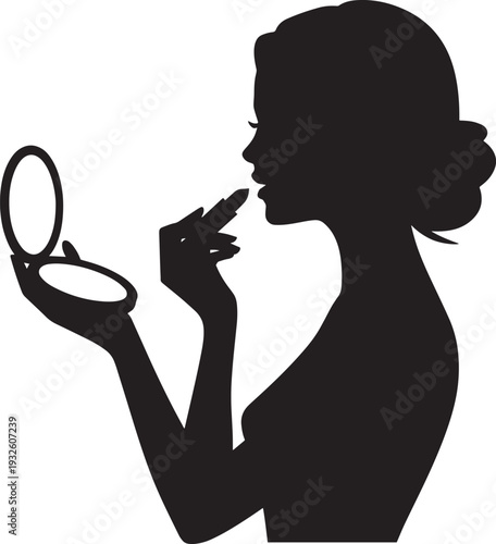 Elegant female profile silhouette applying lipstick while holding small makeup mirror compact