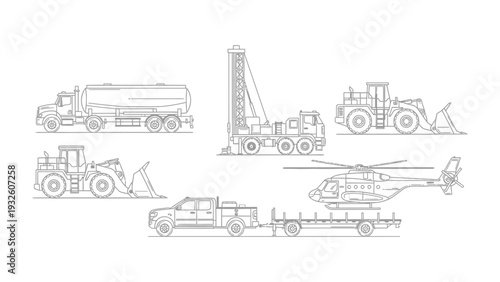 Industrial Machines Collection: A comprehensive monochrome illustration showcases an array of industrial machinery essential for various sectors.