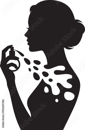 Elegant woman spraying perfume silhouette with abstract scent particles flowing
