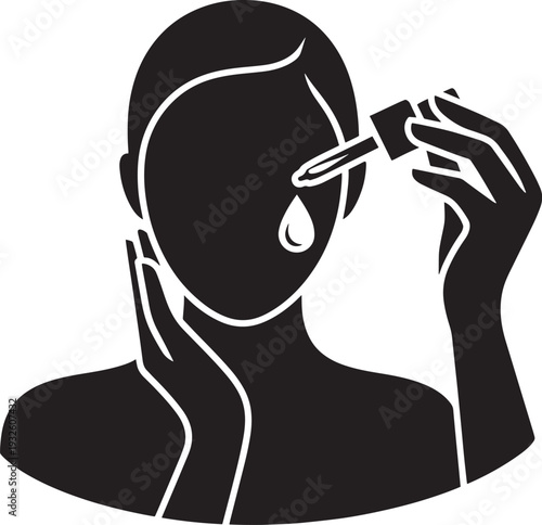 Female face silhouette applying liquid serum with dropper for professional skincare treatment