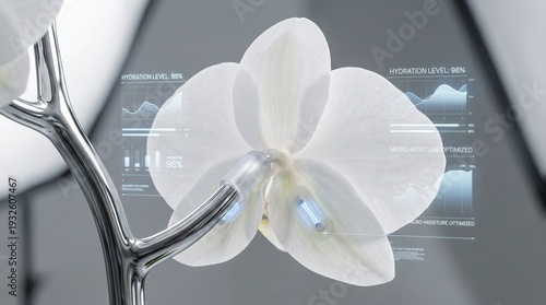 A white flower with a stem and a digital screen showing the flower's data