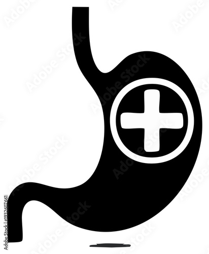 Stylized black silhouette of human stomach with a white plus sign inside a circle symbolizing health and medicine.
