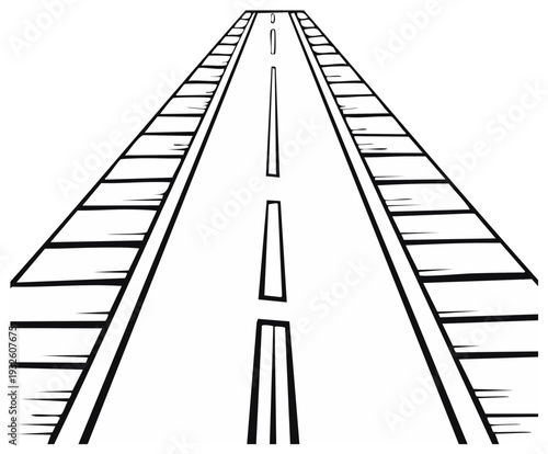 Perspective drawing of a straight road with dashed lines receding into the distance symbolizing travel and journey