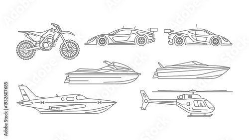 Variety of Transportation: A collection of various vehicles, including a motorcycle, a sleek car, a boat, a jet ski, a plane, and a helicopter, ready for your travel needs.