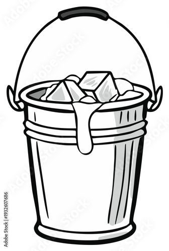 Metal bucket filled with melting ice cubes and dripping water