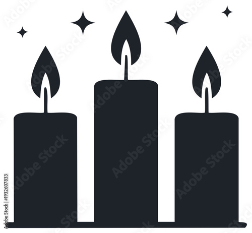 Stylized black three candles with flames and surrounding star icon graphic for celebration