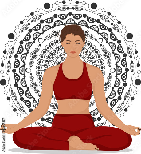 Meditating yoga woman in lotus pose with ornamental mandala