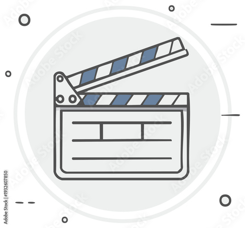 Open clapperboard movie slate represents filmmaking in a simple line art graphic icon.