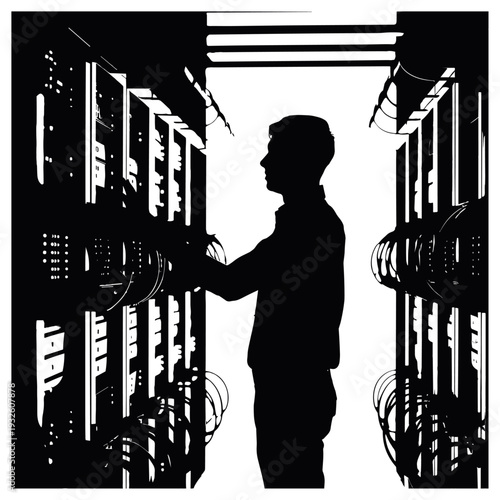 Silhouette IT Engineer Working in Data Center Server Room
