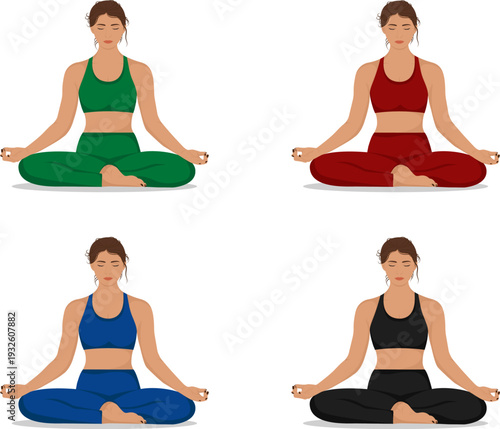 Set of yoga women meditating in lotus pose
