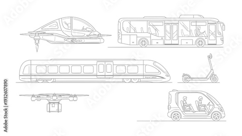 Future transport innovation: A dynamic graphic, showcasing a variety of cutting-edge vehicles, epitomizes progress in urban mobility, and hints at the future of transport. 