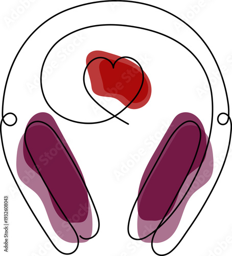One line drawing of headphones with a heart symbol