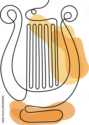 One line drawing of a lyre with abstract organic shapes