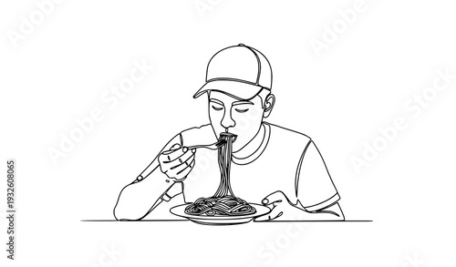 Man eating spaghetti continuous line art vector EPS 10