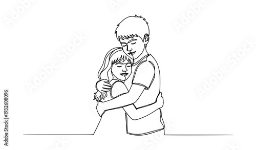 Brother hugs sister continuous line art vector EPS 10