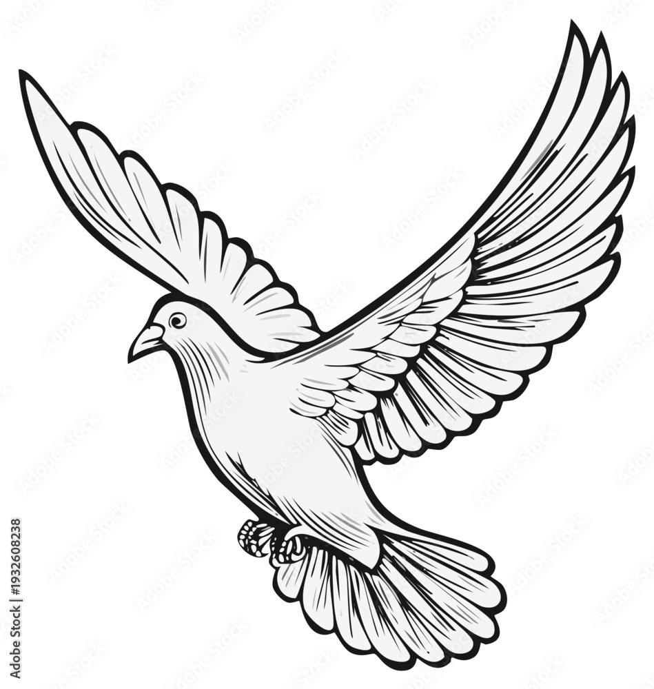 Obraz premium White dove flying with wings spread in a graceful line art illustration representing peace and freedom