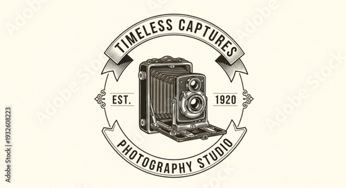Vintage photography studio logo with classic camera and timeless captures.