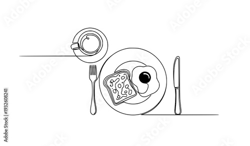Breakfast table setting continuous line art vector EPS 10