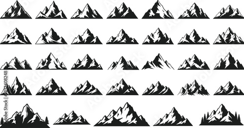 Mountain range vector icon set with minimalist black and white silhouette designs for outdoor adventure logos camping nature travel branding and wilderness landscape illustrations