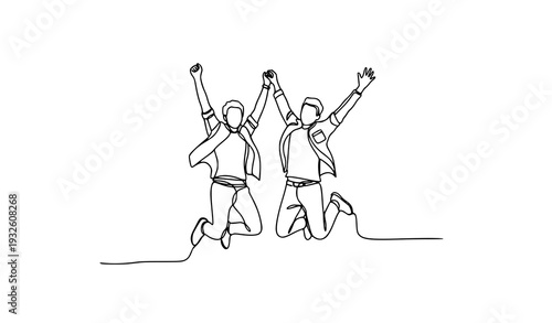 Two people jumping continuous line art vector EPS 10