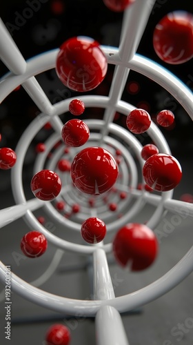 A bunch of red spheres floating in a spiral structure