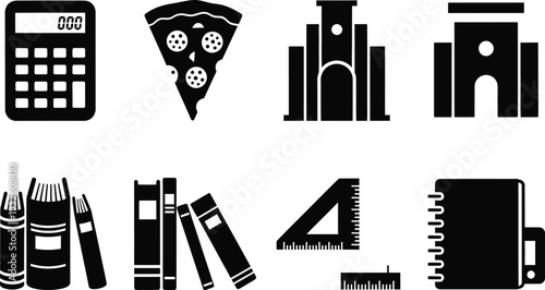 a collection of black flat icons depicting school and office supplies such as books pizza and calculators high quality professional detailed