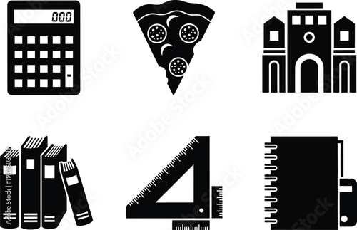 A collection of black and white icons depicting school supplies food and a building arranged in a simple illustrative style on a white background