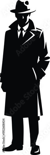 Mysterious detective silhouette in trench coat and fedora hat, classic noir spy character isolated on white background, vintage crime investigation vector illustration