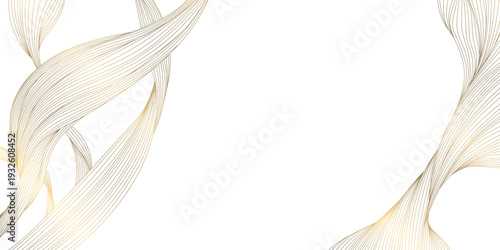 Elegant gold line wave pattern on white background, abstract curves, flowing silk texture, deco elements. Luxury vector illustration, Japanese ornament, minimal design
