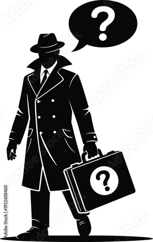 Mysterious detective silhouette with briefcase and question mark speech bubble, secret agent concept isolated on light background vector illustration