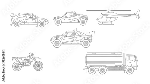 Vehicular Wonders in Contour: A meticulous outline of various vehicle including sports car, off-road buggy, helicopter, motorcycle, and tank truck that showcase the essence of transportation.