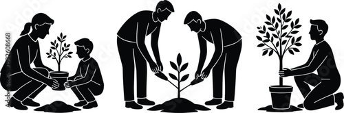 Silhouettes of people planting and caring for young trees, symbolizing environmental stewardship, teamwork, sustainability, and nature conservation for ecology, gardening, and educational design 