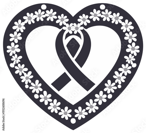 Ribbon inside floral heart shape, symbol of awareness, health and support concept