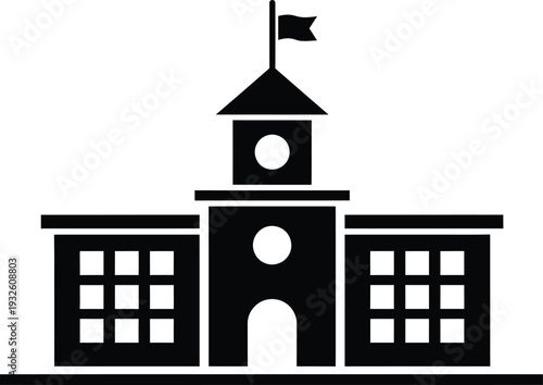 A simple black and white illustration depicts a classic schoolhouse with a central tower and flag representing education and learning