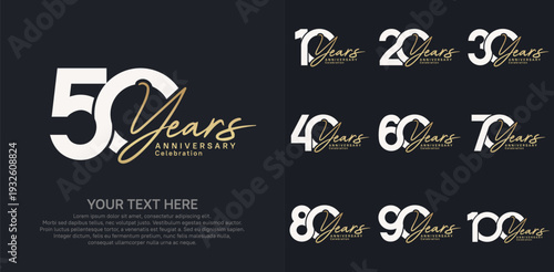Anniversary logo set vector design, white and golden color for celebration event