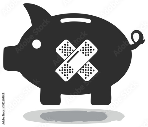 Piggy bank with adhesive bandages represents financial difficulties