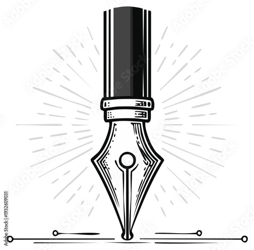 Classic fountain pen nib drawing with radiating lines and decorative accents